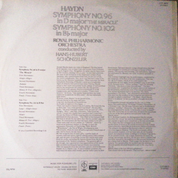 Royal Philharmonic Orchestra, Hans-Hubert Schönzeler, Joseph Haydn : Symphony No. 96 In D Major "The Miracle", Symphony No.102 In Bes Major (LP)
