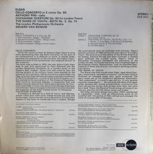 Sir Edward Elgar, Anthony Pini, London Philharmonic Orchestra, Eduard van Beinum : Cello Concerto  / Cockaigne Overture / Wand Of Youth (LP, Comp)