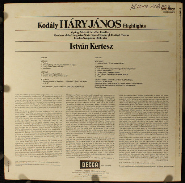 Zoltán Kodály, István Kertész : Hary Janos Highlights (LP)