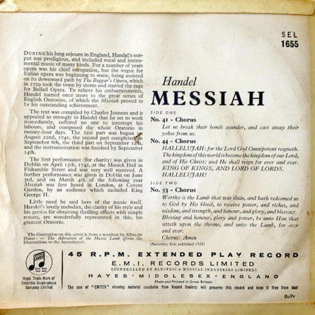 Huddersfield Choral Society, Royal Liverpool Philharmonic Orchestra, Sir Malcolm Sargent, Georg Friedrich Händel : Handel Messiah Choruses (7", EP, Mono)