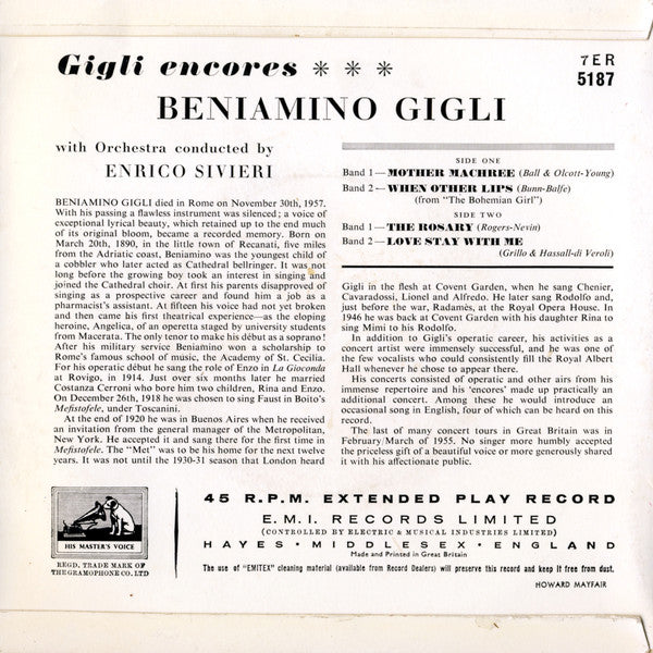 Beniamino Gigli : Gigli Encores (7", EP, Mono, RE)