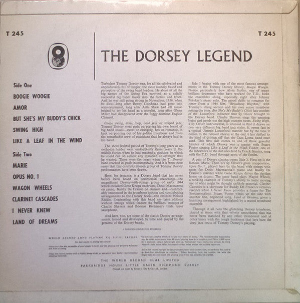 Tommy Dorsey And His Orchestra : The Dorsey Legend (LP, Album, Mono, Club)