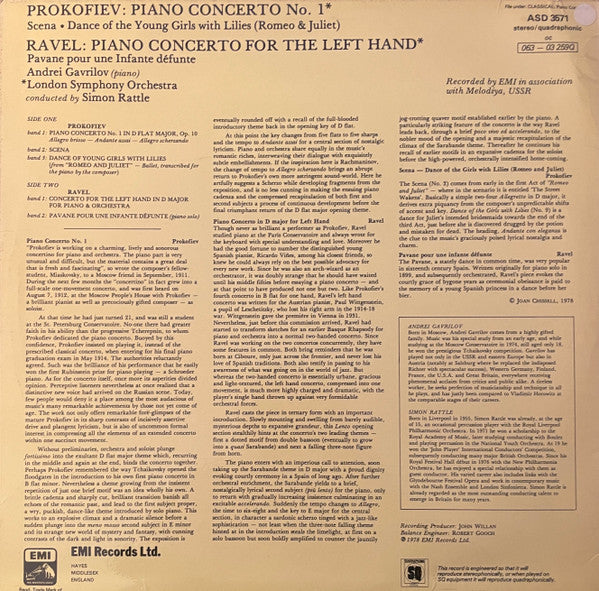 Andrei Gavrilov, London Symphony Orchestra, Sir Simon Rattle - Sergei Prokofiev, Maurice Ravel : Piano Concerto No. 1, Concerto For The Left Hand (LP, Album, Quad, Ori)