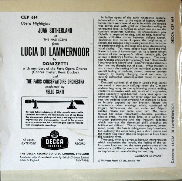 Gaetano Donizetti, Joan Sutherland, Nello Santi, Orchestre De La Société Des Concerts Du Conservatoire : Lucia Di Lammermoor (Mad Scene) (7", EP)