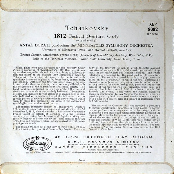 Pyotr Ilyich Tchaikovsky - Antal Dorati, Minneapolis Symphony Orchestra, University Of Minnesota Brass Band : 1812 Festival Overture, Op. 49 (Original Scoring) (7", EP, Mono)