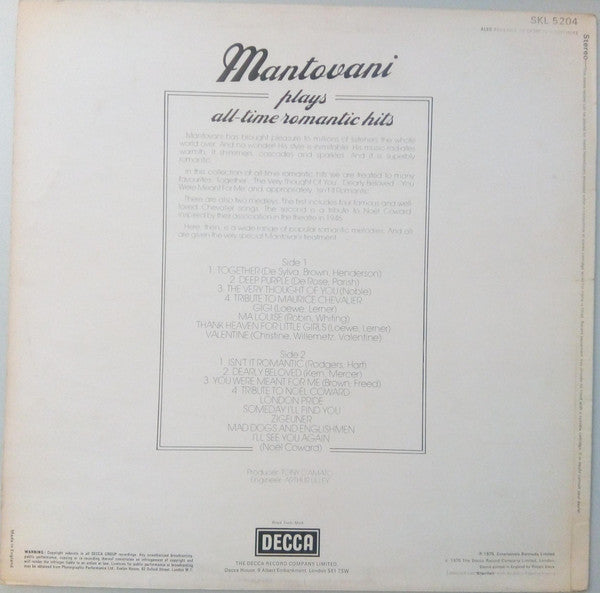 Mantovani : Mantovani Plays All-Time Romantic Hits (LP, Album)