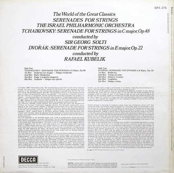 Pyotr Ilyich Tchaikovsky & Antonín Dvořák, Israel Philharmonic Orchestra, Georg Solti & Rafael Kubelik : Serenades For Strings (LP, Comp, RE)