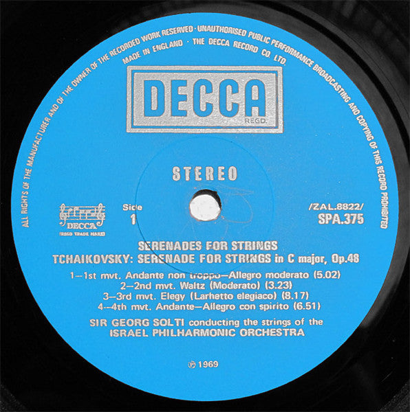 Pyotr Ilyich Tchaikovsky & Antonín Dvořák, Israel Philharmonic Orchestra, Georg Solti & Rafael Kubelik : Serenades For Strings (LP, Comp, RE)