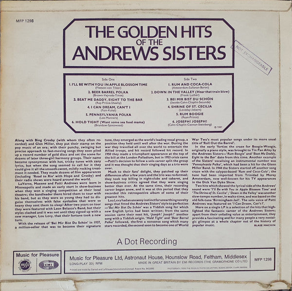The Andrews Sisters : The Golden Hits Of The Andrews Sisters (LP, Album)