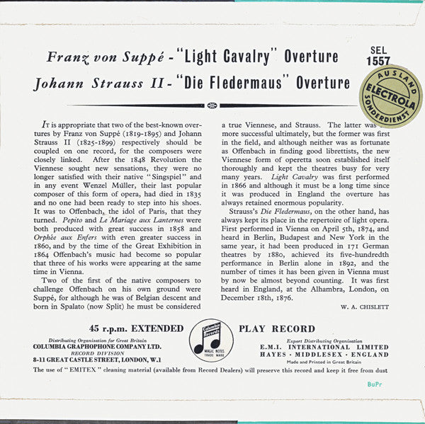 Herbert Von Karajan, Philharmonia Orchestra : “ Light Cavalry ” Overture, “ Die Fledermaus ” Overture (7", EP)