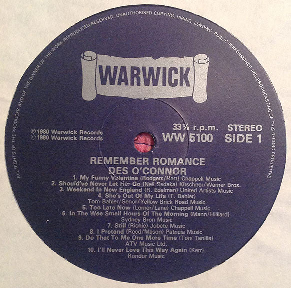 Des O'Connor : Remember Romance (LP)