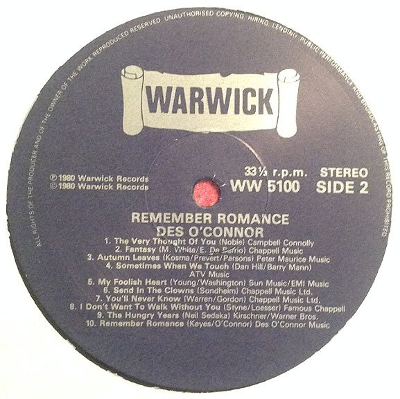 Des O'Connor : Remember Romance (LP)