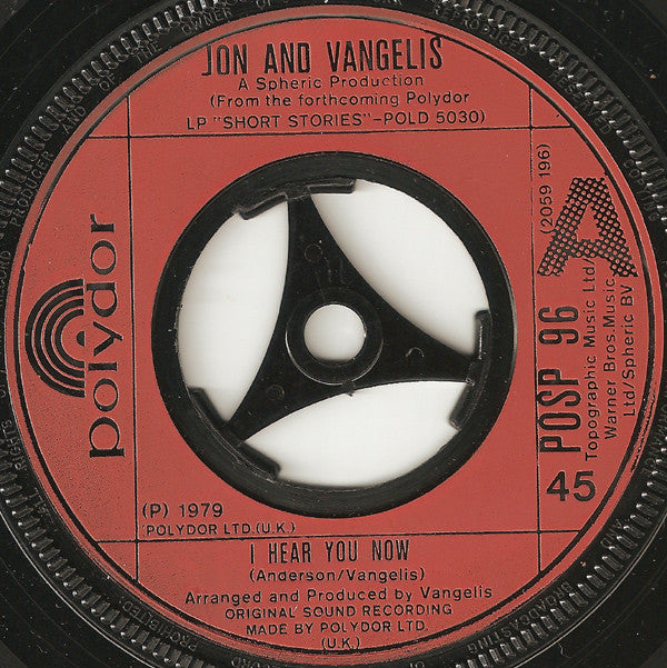 Jon & Vangelis : I Hear You Now (7", Single, Pic)