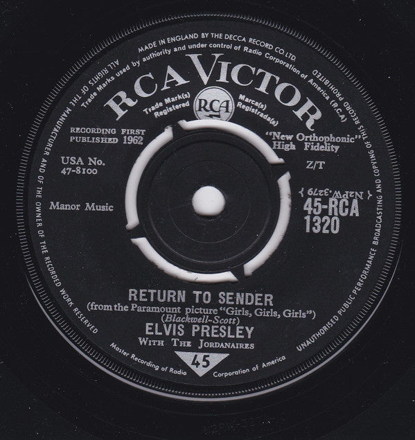 Elvis Presley With The Jordanaires : Return To Sender (7", Single, Mono)