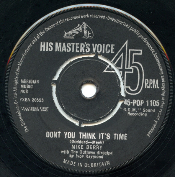 Mike Berry With The Outlaws (3) : Don't You Think It's Time (7", RP)