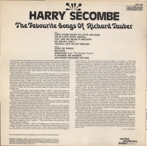 Harry Secombe : The Favourite Songs Of Richard Tauber (LP, RE)