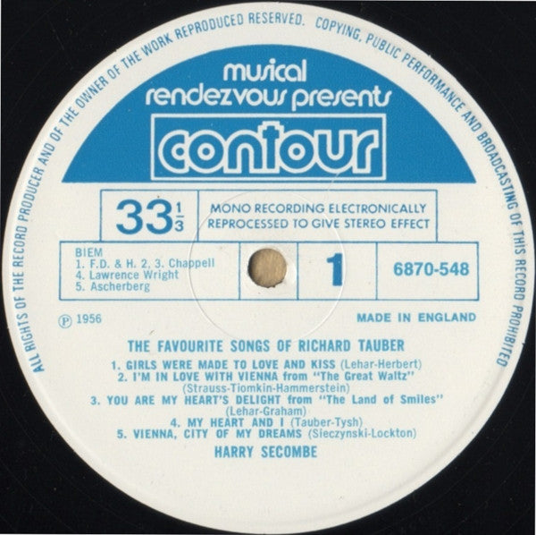 Harry Secombe : The Favourite Songs Of Richard Tauber (LP, RE)
