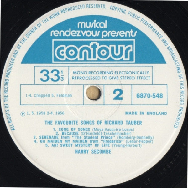 Harry Secombe : The Favourite Songs Of Richard Tauber (LP, RE)