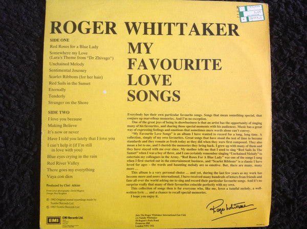 Roger Whittaker : My Favourite Love Songs (LP, Album)
