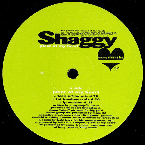 Shaggy : Piece Of My Heart (Todd Terry Remixes) (12", Promo)