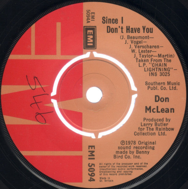 Don McLean : Since I Don't Have You (7")