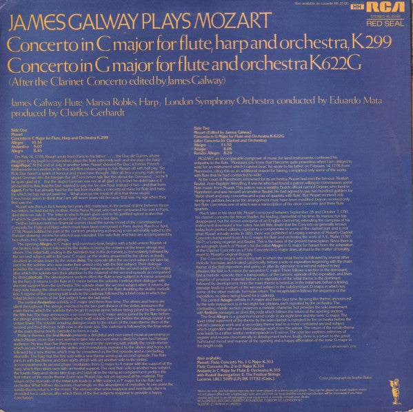 James Galway Plays Wolfgang Amadeus Mozart With Marisa Robles, London Symphony Orchestra, Eduardo Mata : Flute & Harp Concerto K299 / Flute Concerto K622G (LP)