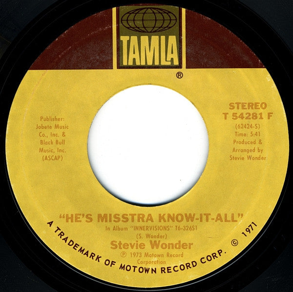 Stevie Wonder : Sir Duke / He's Misstra Know-It-All (7", Single, Styrene, Ter)