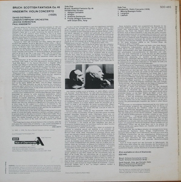 Max Bruch, Paul Hindemith, David Oistrach, London Symphony Orchestra, Jascha Horenstein : Scottish Fantasia / Violin Concerto (LP, RE)