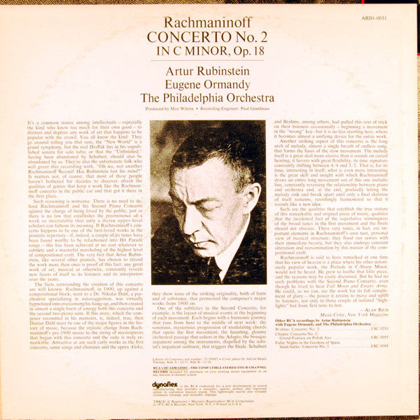Sergei Vasilyevich Rachmaninoff by Arthur Rubinstein and Eugene Ormandy Conducts The Philadelphia Orchestra : Piano Concerto No. 2 (LP, Quad)