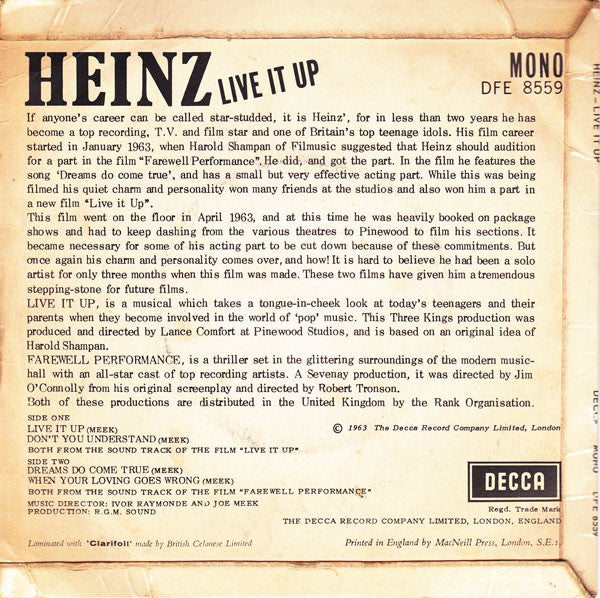 Heinz : Live It Up (7", EP, Mono)