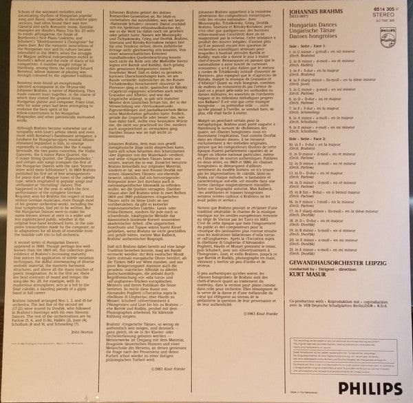 Johannes Brahms, Gewandhausorchester Leipzig, Kurt Masur : The Hungarian Dances = Die Ungarischen Tänze = Les 21 Danses Hongroises (LP)