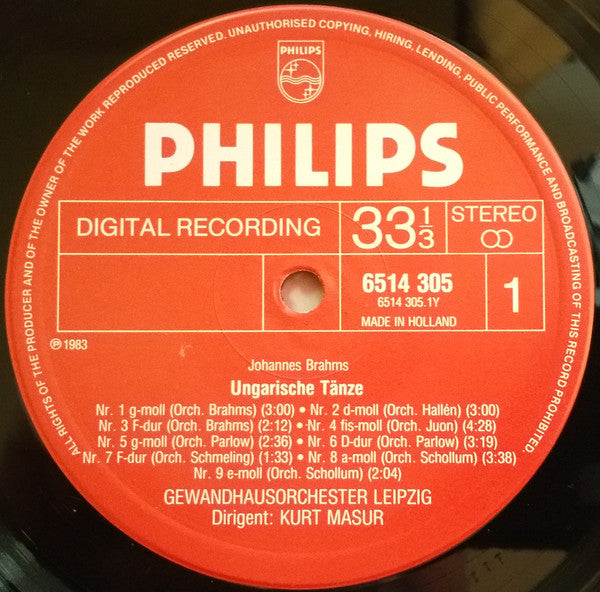Johannes Brahms, Gewandhausorchester Leipzig, Kurt Masur : The Hungarian Dances = Die Ungarischen Tänze = Les 21 Danses Hongroises (LP)