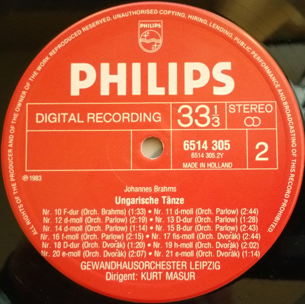 Johannes Brahms, Gewandhausorchester Leipzig, Kurt Masur : The Hungarian Dances = Die Ungarischen Tänze = Les 21 Danses Hongroises (LP)