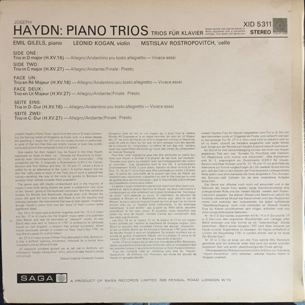 Emil Gilels, Mstislav Rostropovich &  Leonid Kogan, Joseph Haydn : Piano Trios 16 & 27 (LP, Album)