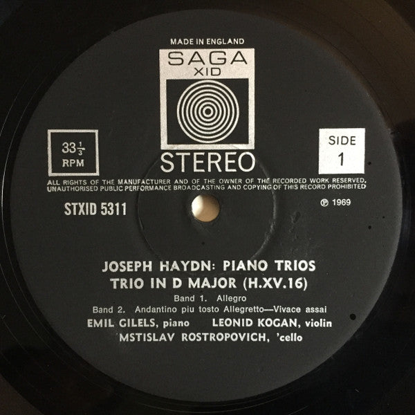 Emil Gilels, Mstislav Rostropovich &  Leonid Kogan, Joseph Haydn : Piano Trios 16 & 27 (LP, Album)