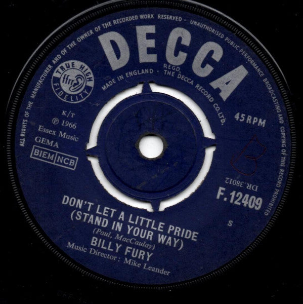 Billy Fury : Don't Let A Little Pride (Stand In Your Way) (7", Single)