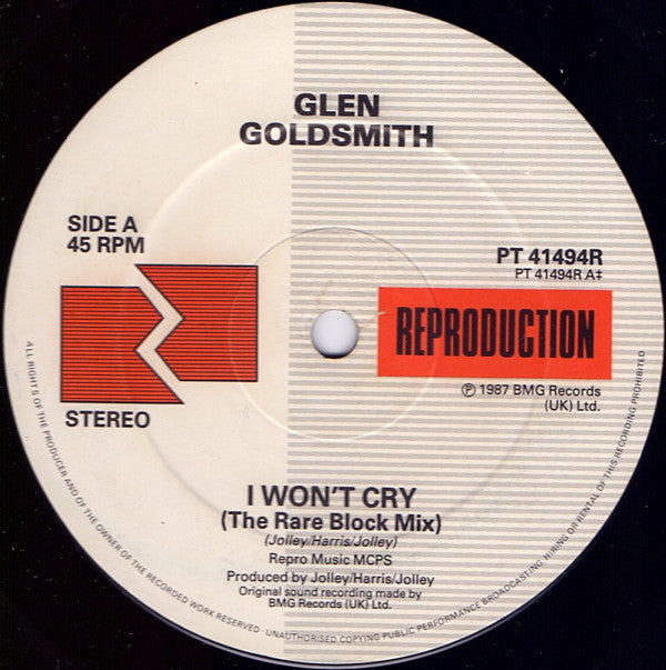 Glen Goldsmith : I Won't Cry (Rare Block Mix) (12")