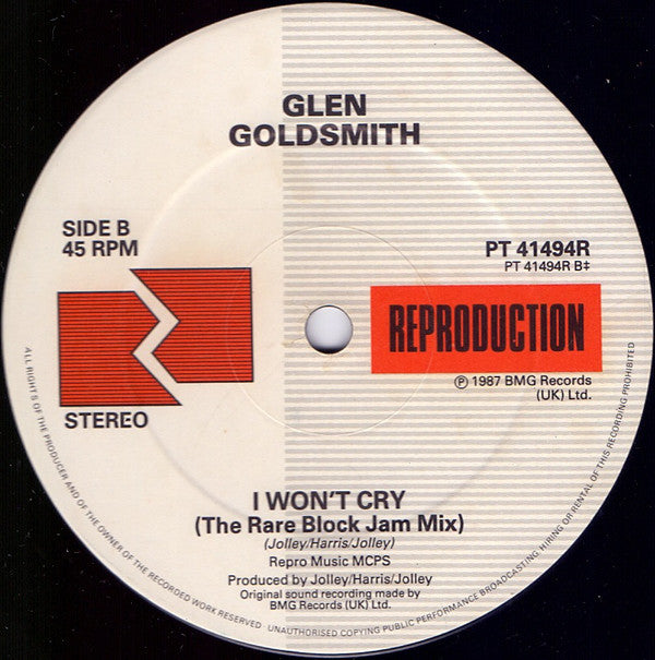 Glen Goldsmith : I Won't Cry (Rare Block Mix) (12")