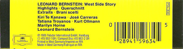 Leonard Bernstein Conducts Kiri Te Kanawa • José Carreras • Tatiana Troyanos • Kurt Ollmann, Marilyn Horne : West Side Story - Highlights (Cass)