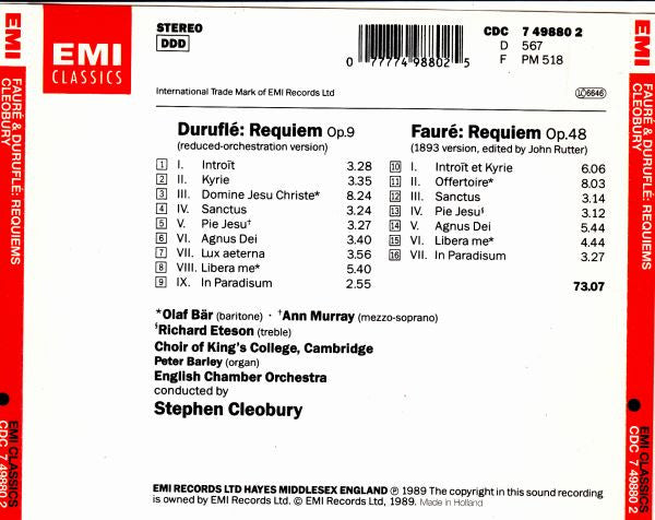 Gabriel Fauré / Maurice Duruflé / The King's College Choir Of Cambridge, Olaf Bär, Ann Murray, Richard Eteson, Peter Barley, English Chamber Orchestra, Stephen Cleobury : Requiems (CD, RE)