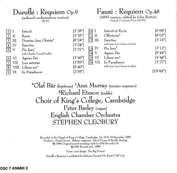 Gabriel Fauré / Maurice Duruflé / The King's College Choir Of Cambridge, Olaf Bär, Ann Murray, Richard Eteson, Peter Barley, English Chamber Orchestra, Stephen Cleobury : Requiems (CD, RE)