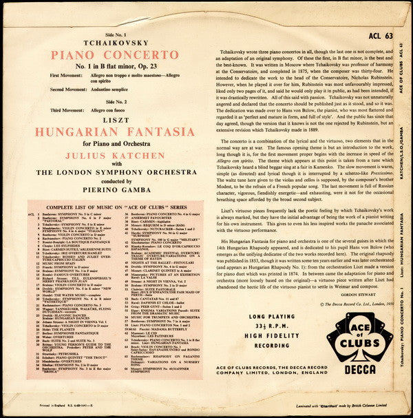 Pyotr Ilyich Tchaikovsky / Franz Liszt, Julius Katchen, London Symphony Orchestra, Pierino Gamba : Tchaikovsky - Piano Concerto No. 1 / Liszt - Hungarian Fantasia (LP, Mono, RE)