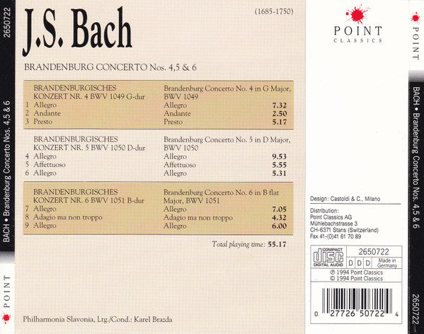 Johann Sebastian Bach : Brandenburg Concerto Nos. 4, 5 & 6 (CD, Album)