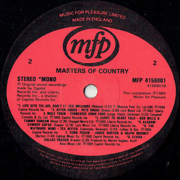 Various : Masters Of Country (16 Great Tracks)  (LP, Comp, Mono)