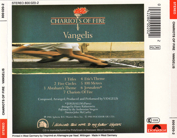 Vangelis : Chariots Of Fire (CD, Album, RE, PDO)