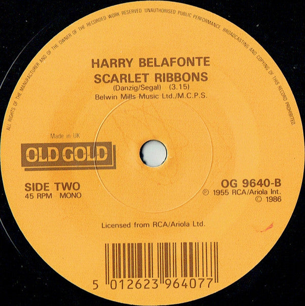 Harry Belafonte : Island In The Sun / Scarlet Ribbons (7", Mono)