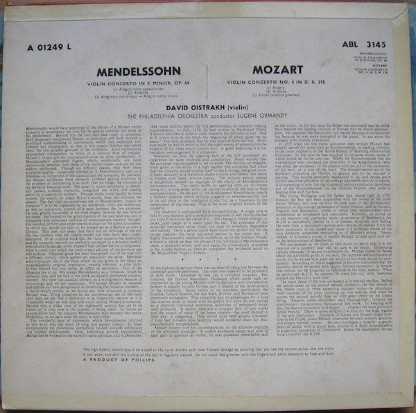 David Oistrach - Felix Mendelssohn-Bartholdy, Wolfgang Amadeus Mozart - The Philadelphia Orchestra, Eugene Ormandy : Violin Concerto In E Minor, Op. 64 / Violin Concerto No. 4 In D, K. 218 (LP, Mono, RE)