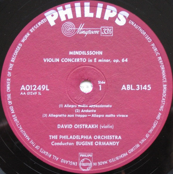 David Oistrach - Felix Mendelssohn-Bartholdy, Wolfgang Amadeus Mozart - The Philadelphia Orchestra, Eugene Ormandy : Violin Concerto In E Minor, Op. 64 / Violin Concerto No. 4 In D, K. 218 (LP, Mono, RE)