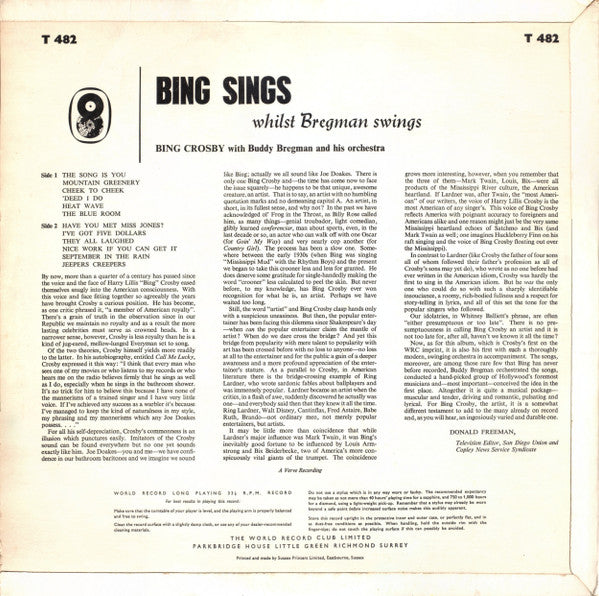 Bing Crosby, Buddy Bregman : Bing Sings Whilst Bregman Swings (LP)