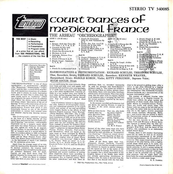 Thoinot Arbeau, Telemann Society Orchestra : Court Dances Of Medieval France: Orchésographie (LP, RP)